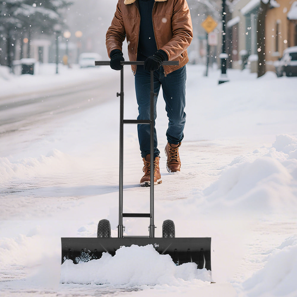 Wheeled 36-inch snow shovel with adjustable angle and ergonomic handle, ideal for efficient snow removal.