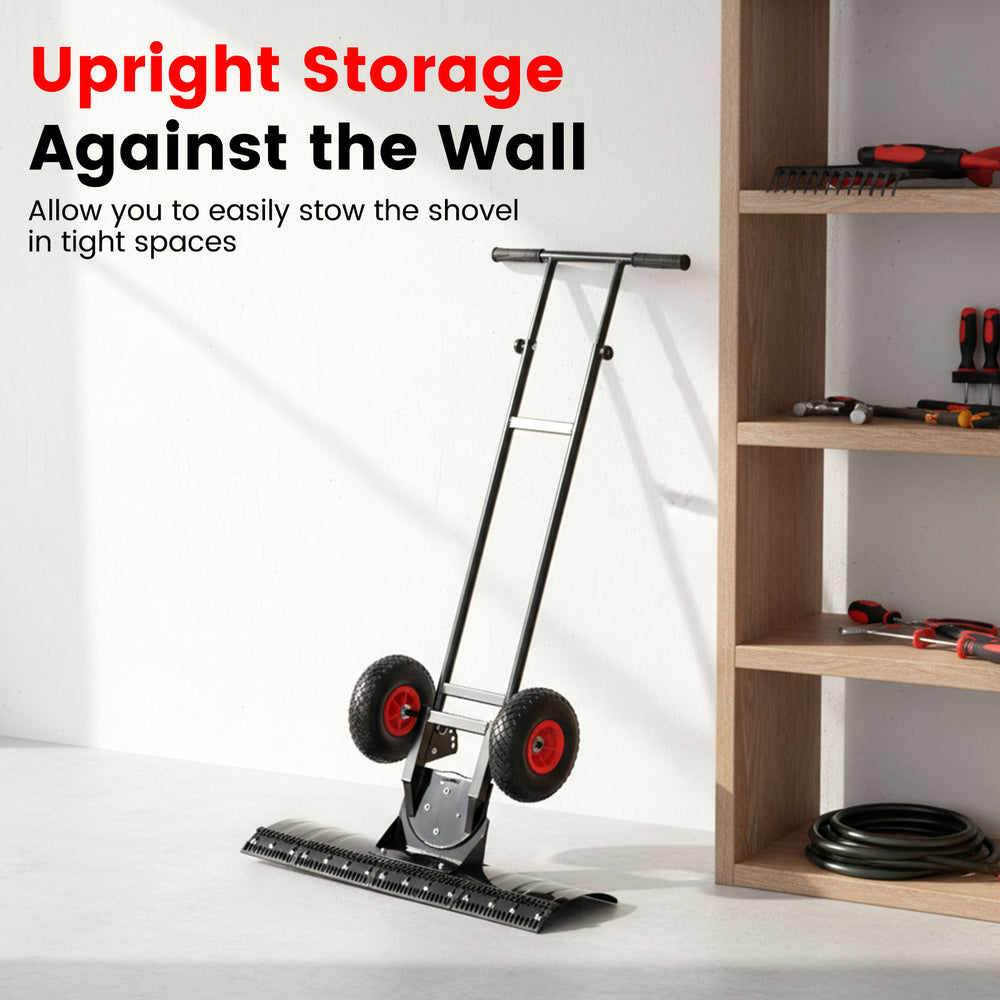 36-inch snow shovel with wheels, adjustable angle, and ergonomic handle for efficient snow removal and easy storage.