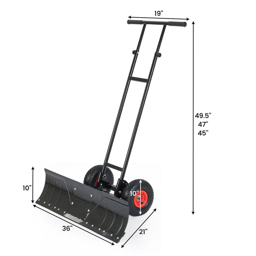36-inch snow shovel with wheeled design, featuring a T-handle for better grip and a bi-directional adjustable blade.