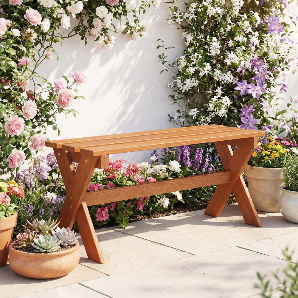 Backless 36" outdoor solid wood bench with teak oil finish, featuring sturdy X-shaped legs, perfect for gardens and.