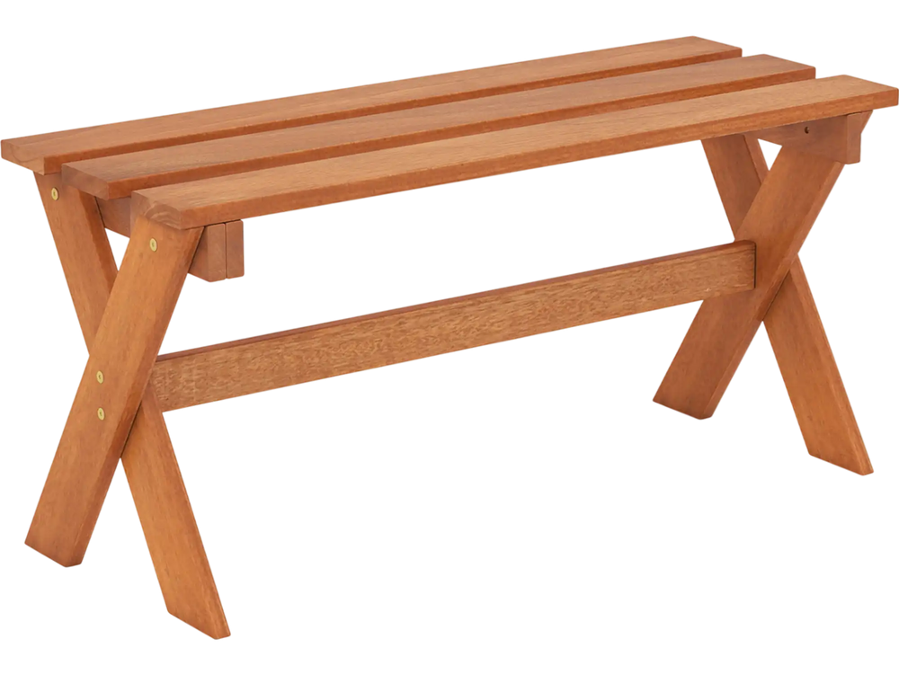 Backless 36" outdoor solid wood bench with teak oil finish, featuring sturdy X-shaped legs for stable seating.