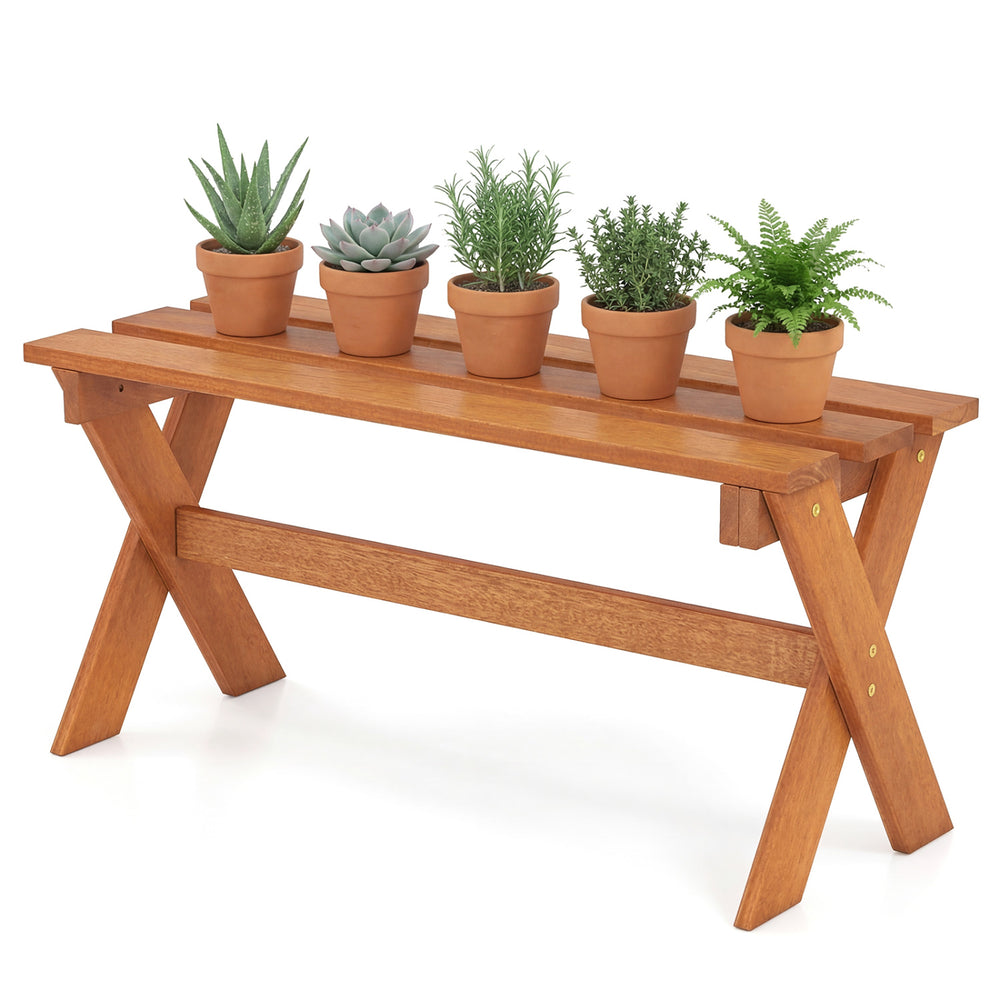 Spacious 36" solid wood bench with teak oil finish, showcasing slatted seating and X-shaped legs for outdoor stability.