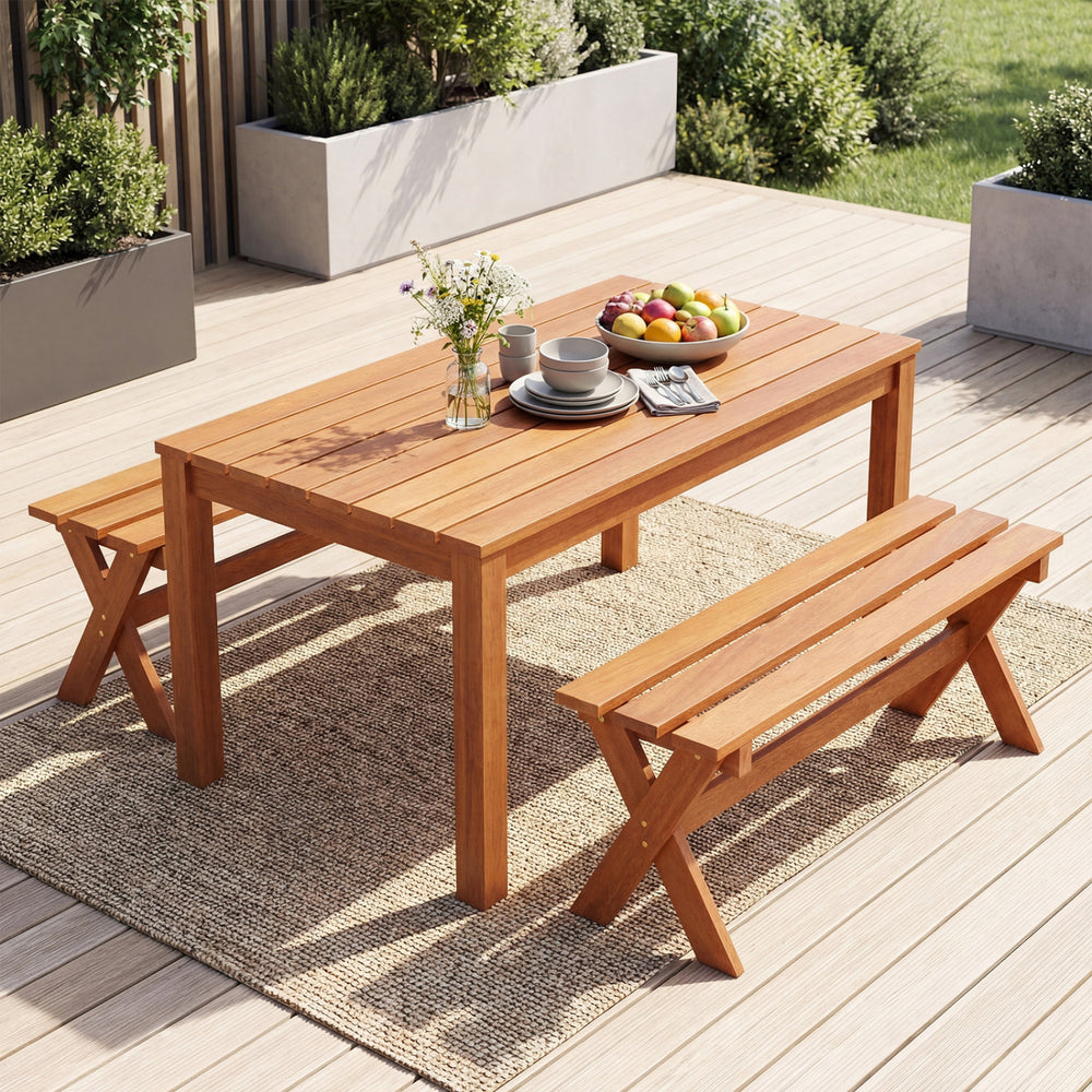 Backless 36" solid wood patio dining bench with teak oil finish, featuring sturdy X-shaped legs for outdoor durability.