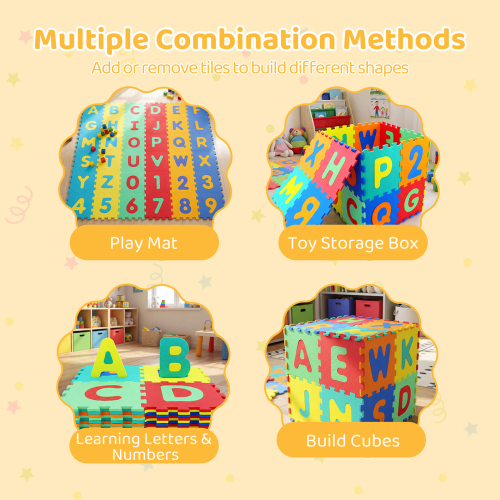 Colorful interlocking baby puzzle floor tiles with letters and numbers, ideal for educational play in homes or daycare.