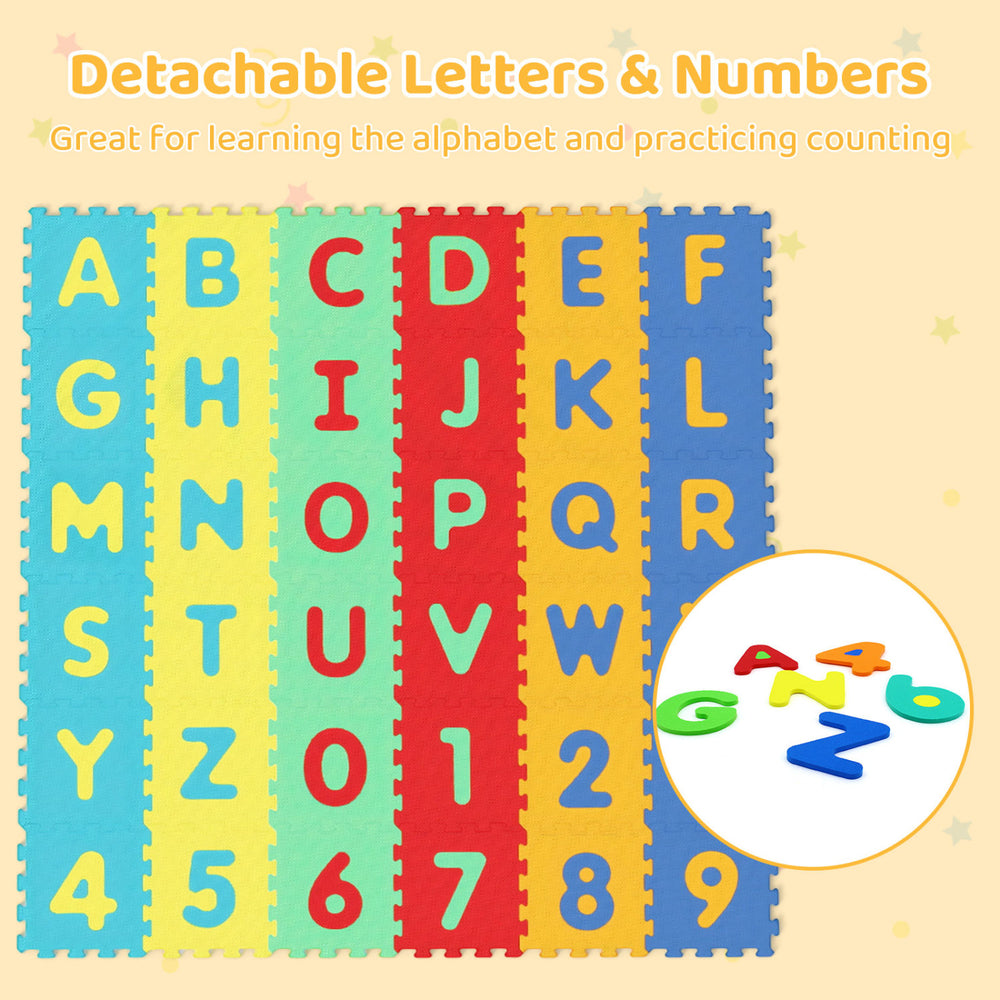 Colorful interlocking baby puzzle floor tiles featuring detachable letters and numbers, ideal for early education and.