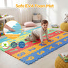 Colorful interlocking baby puzzle floor tiles with letters and numbers, made of soft EVA foam for safe play and easy.