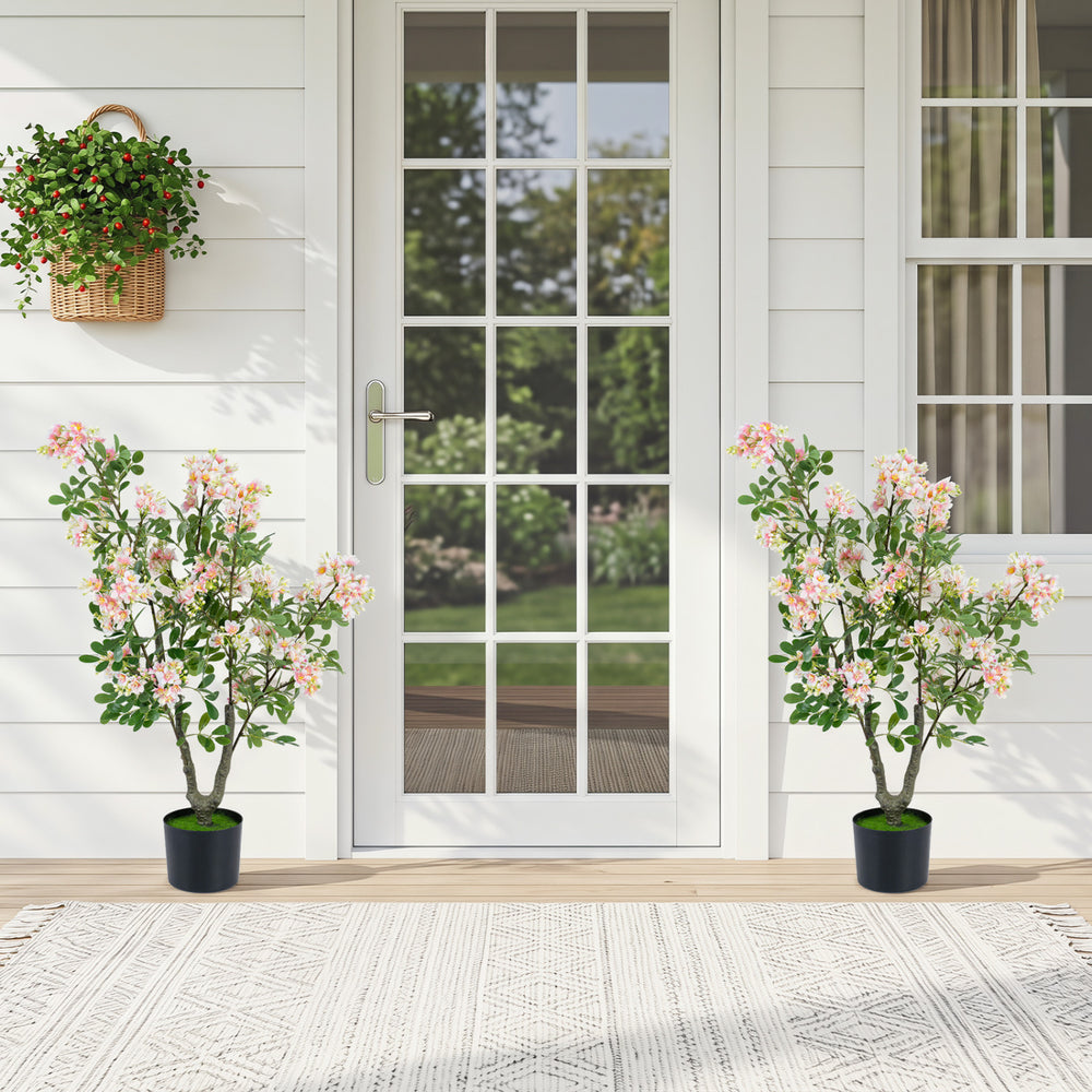 Set of 2 artificial 36" impatiens trees with pink silk flowers and mini fruits, perfect for enhancing indoor or outdoor spaces.