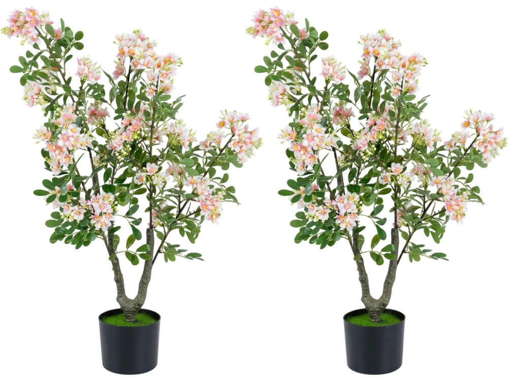 Single artificial 36" impatiens tree showcases vibrant pink silk flowers and mini fruits, ideal for stylish event decor.
