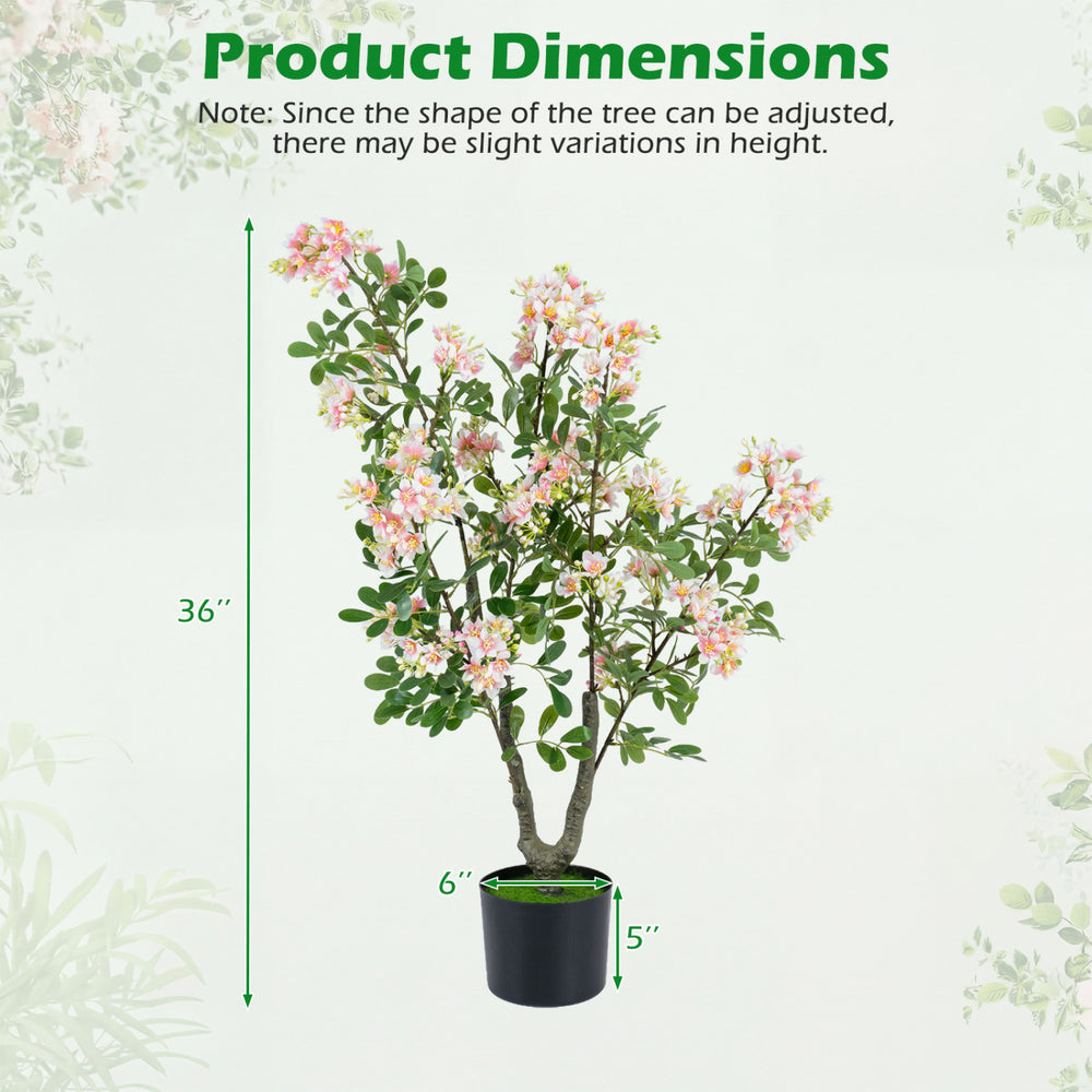 Artificial impatiens tree with pink silk flowers and mini fruits, 36 inches tall, perfect for living room or office decor.