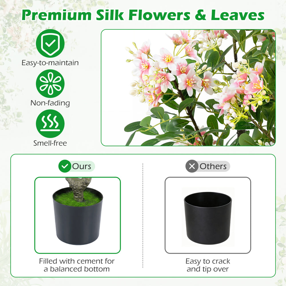 Set of 2 artificial 36" impatiens trees with pink silk flowers and mini fruits, perfect for living room or office decor.