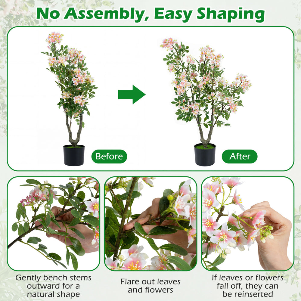 Set of 2 artificial 36" impatiens trees with pink silk flowers and mini fruits, perfect for home or office decor.
