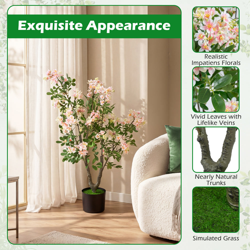 Artificial 36" impatiens tree features realistic pink flowers and vivid leaves, perfect for home or office decor.