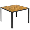 36-inch square outdoor dining table with acacia wood slatted top and metal frame, ideal for patio gatherings.