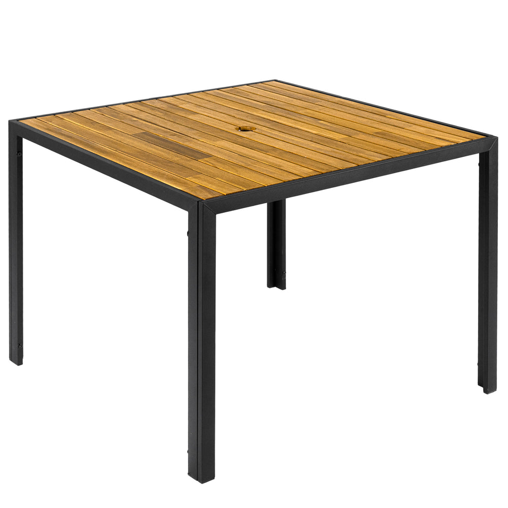 36-inch square outdoor dining table with acacia wood slatted top and metal frame, ideal for patio gatherings.