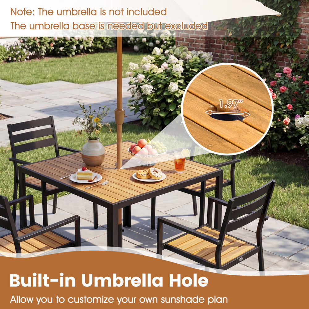 36-inch square outdoor dining table with acacia wood slatted top and built-in 1.97" umbrella hole, ideal for patio.
