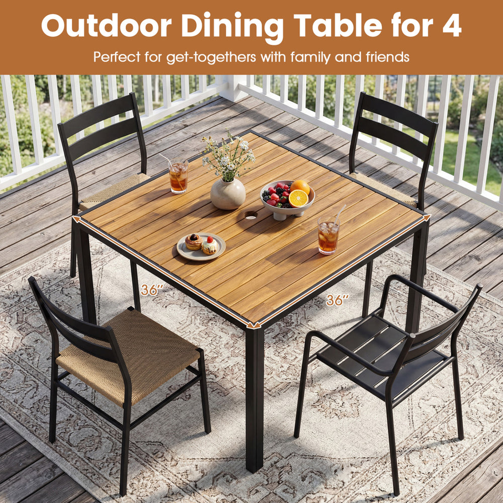 36-inch square outdoor dining table for 4 with acacia wood slatted top, perfect for patio gatherings.