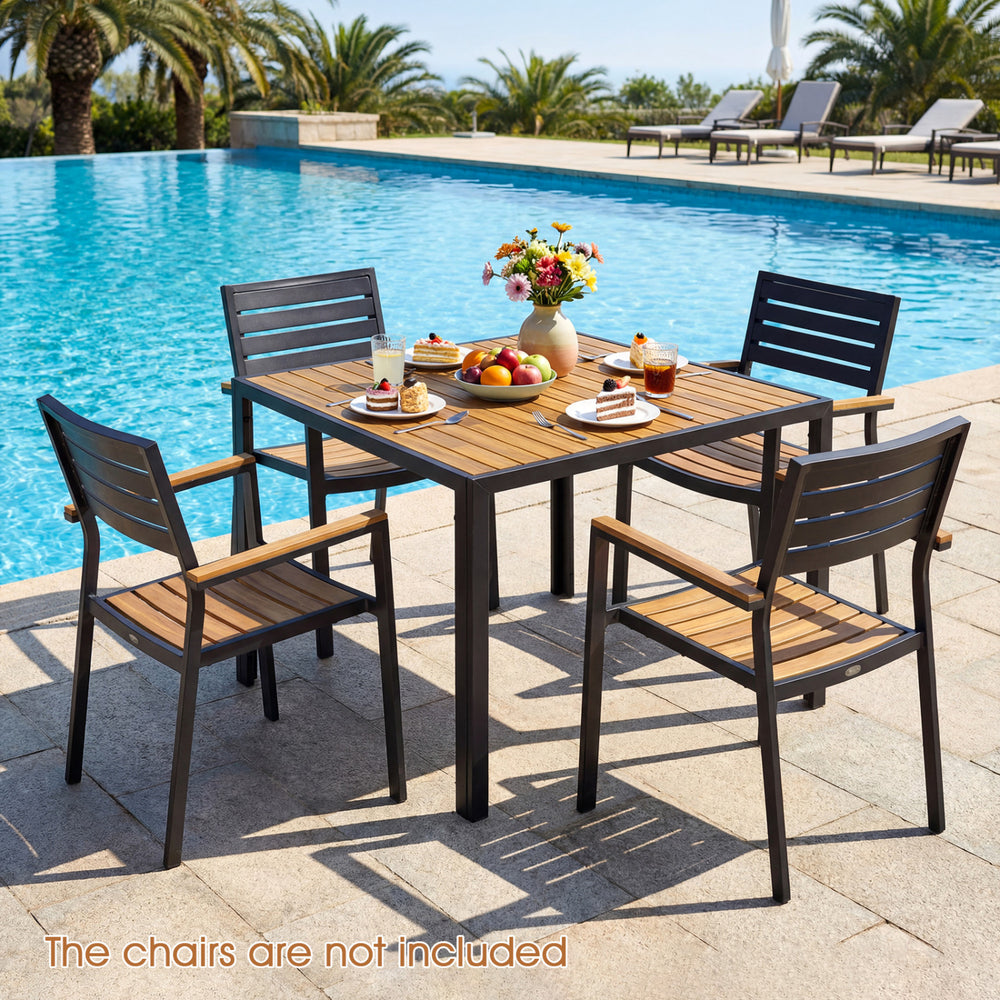 36-inch square outdoor dining table with acacia wood slatted top, perfect for patios and gatherings for up to 4 people.