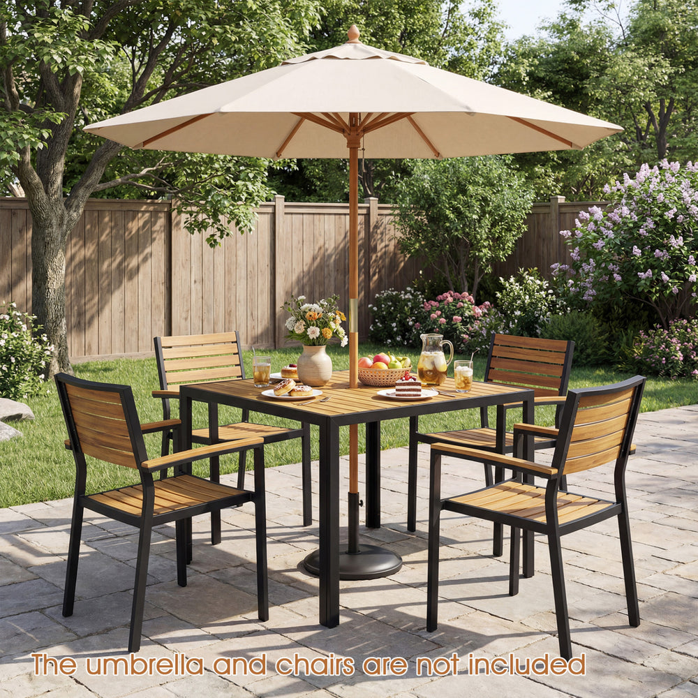 36-inch square outdoor dining table featuring a slatted acacia wood top, offering a warm, inviting setting for your.