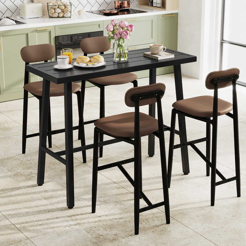 Counter height bar table with sturdy metal construction and adjustable foot pads, perfect for indoor or outdoor dining.