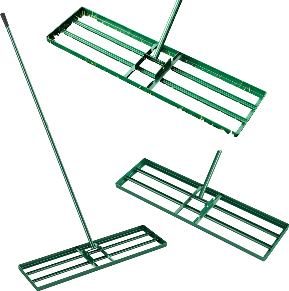 Lawn leveling rake features a sturdy, powder-coated design with a wide plate and ergonomic handle for comfortable use.