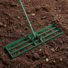 Lawn leveling rake with a 36 x 10 inch plate and ergonomic handle, perfect for leveling grass surfaces in gardens.