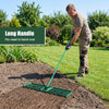 Lawn leveling rake with a long ergonomic handle for easy use, featuring a rustproof design and large leveling plate.