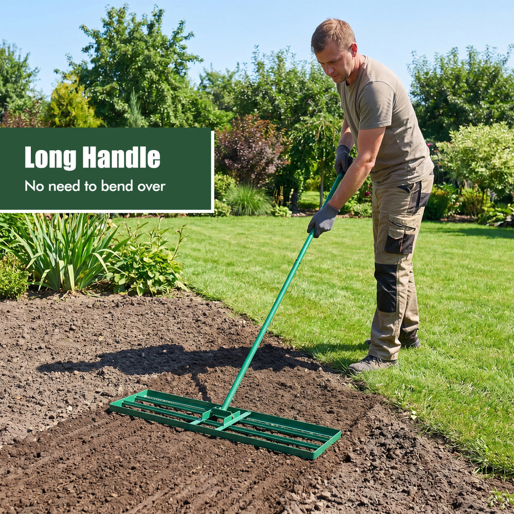 Lawn leveling rake with a long ergonomic handle for easy use, featuring a rustproof design and large leveling plate.
