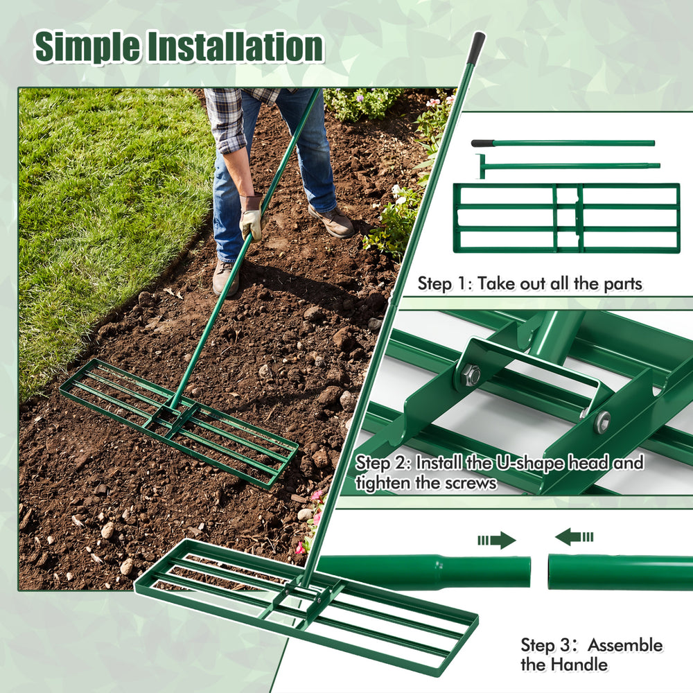 Lawn leveling rake with a 36 x 10 inch plate and ergonomic handle, ideal for leveling grass surfaces in gardens.