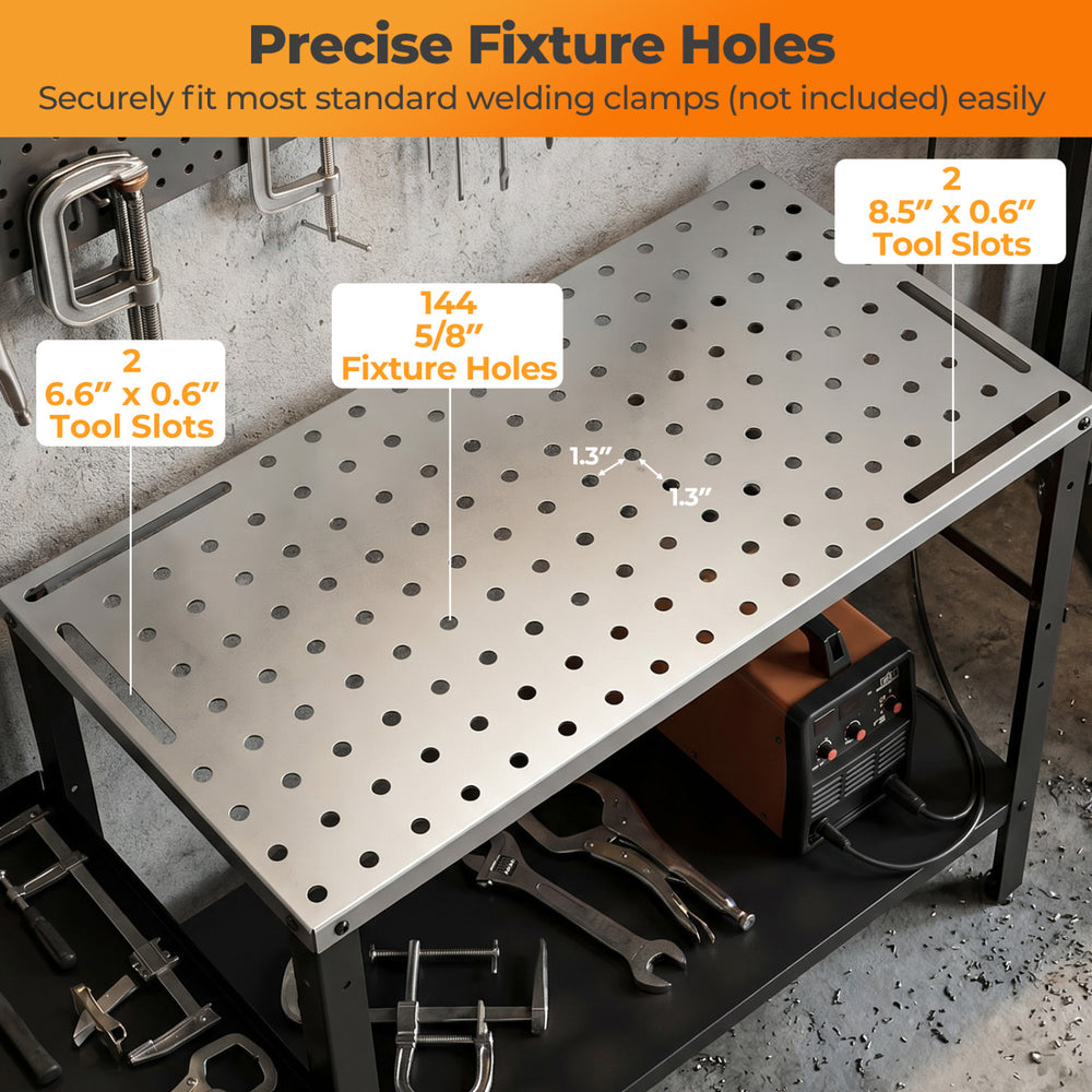 Welding table top featuring 144 fixture holes and 4 tool slots for efficient workspace organization and stability.