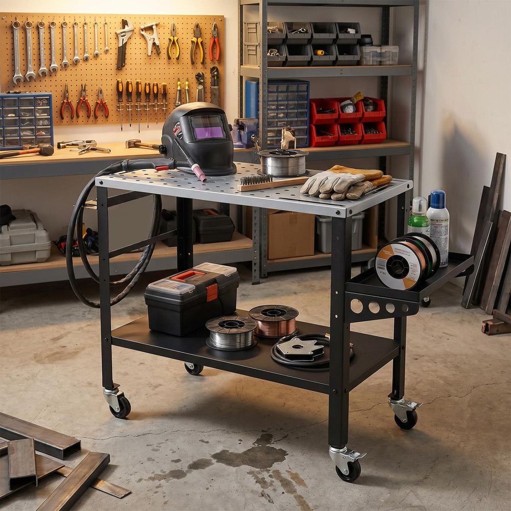 Welding table side view showcasing the integrated tool rack, caster wheels, and double-layer storage for tool.