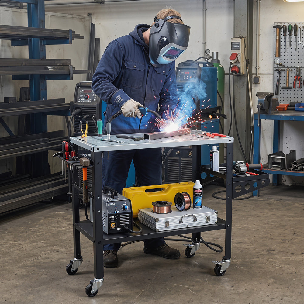 Welding table with lockable wheels, 144 fixture holes, and tool slots for organized workspace efficiency.