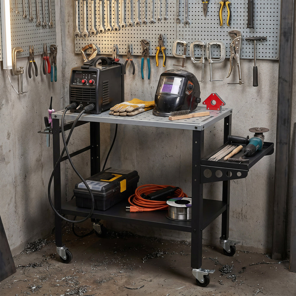 Welding table with lockable wheels, double-layer storage, and 144 fixture holes for efficient workspace organization.