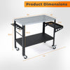 Welding table dimensions with lockable wheels, featuring a sturdy design and 144 fixture holes for efficient workspace.