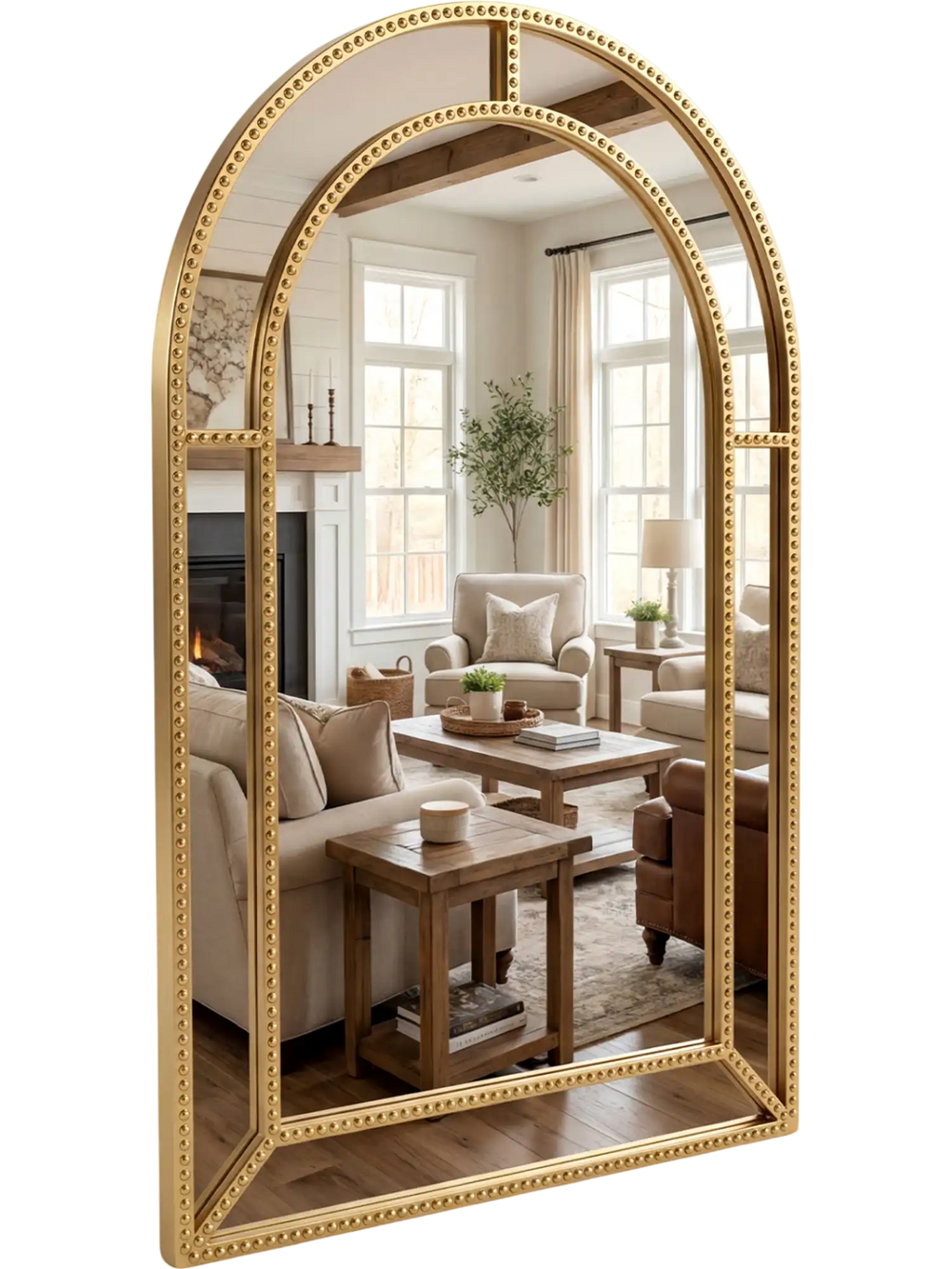 Decorative 36 x 24 inch mirror with a gold beaded frame, perfect for adding elegance to living rooms or entryways.