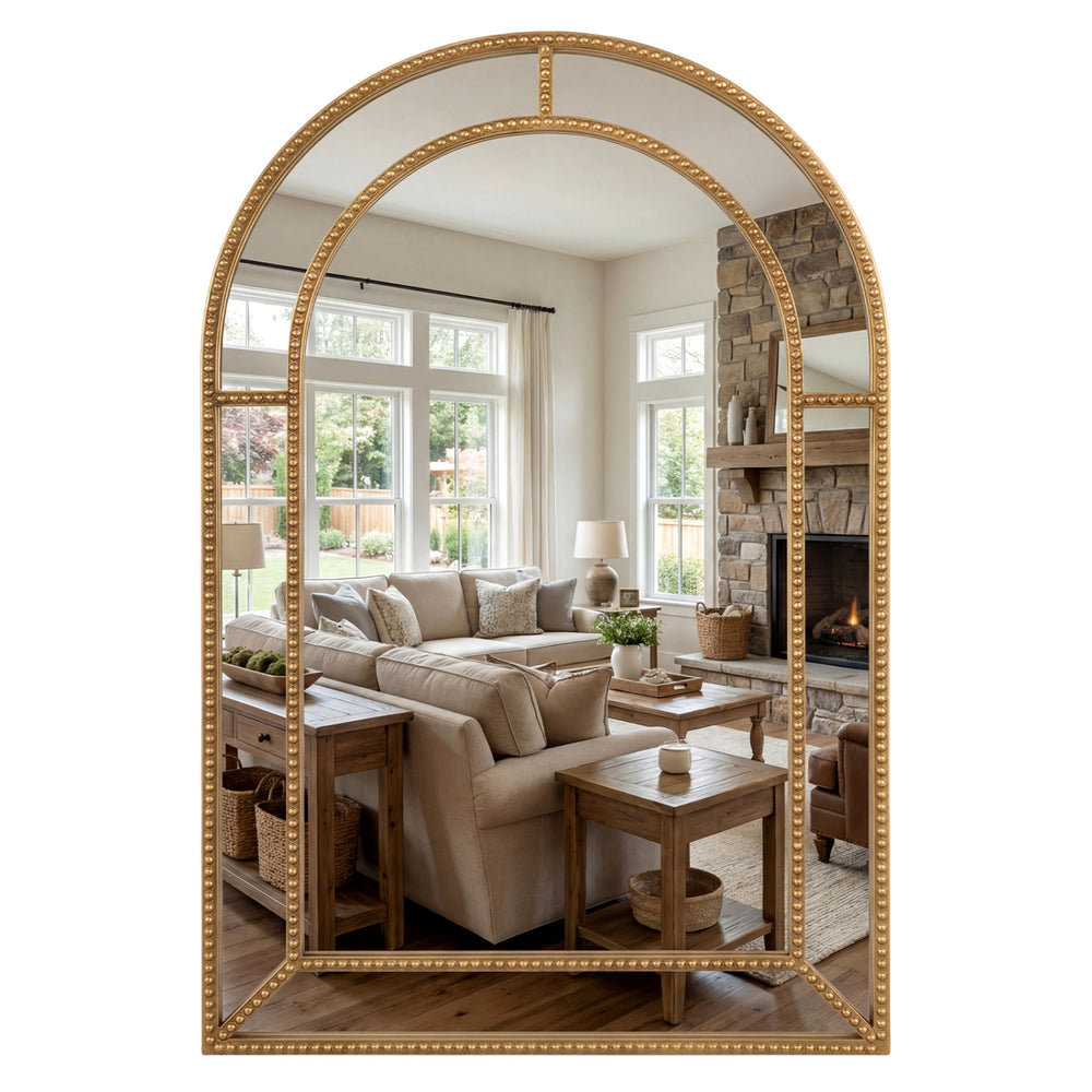 36 x 24 inch decorative mirror with a gold beaded frame, perfect for adding elegance to living rooms or entryways.