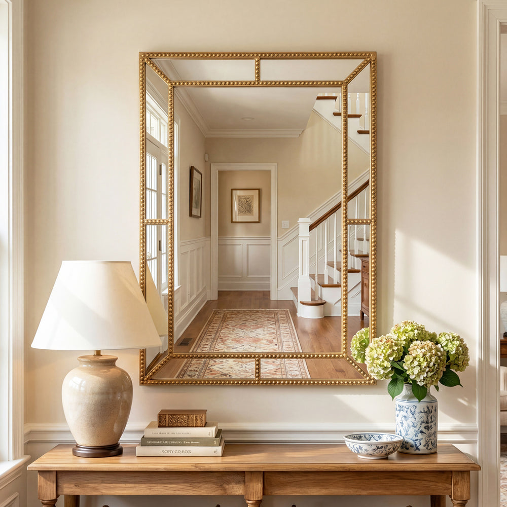 Gold wall mirror with beaded frame, 36 x 24 inches, perfect for adding elegance to living rooms or entryways.