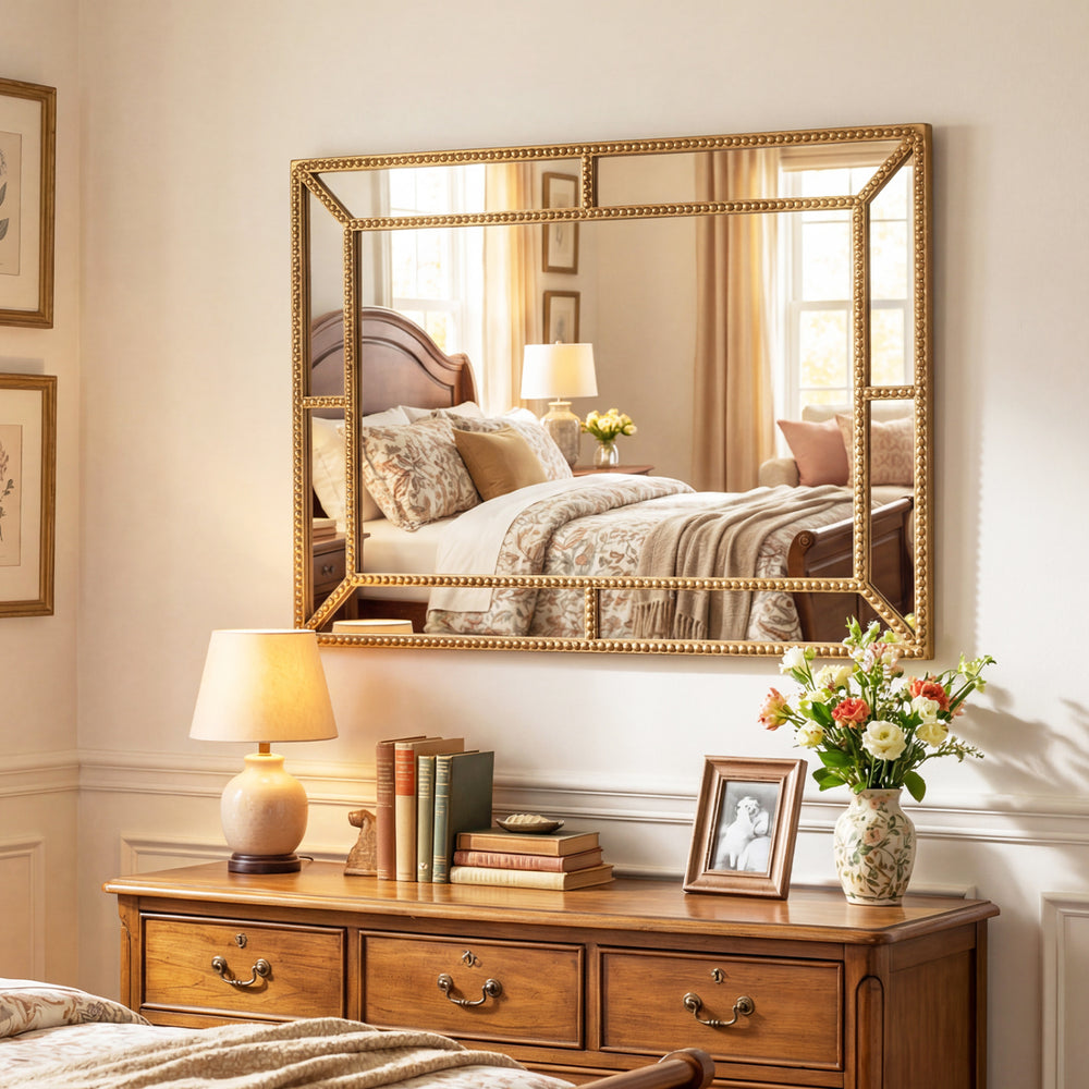 Gold wall mirror with beaded frame, 36 x 24 inches, adds elegance to living rooms and entryways.