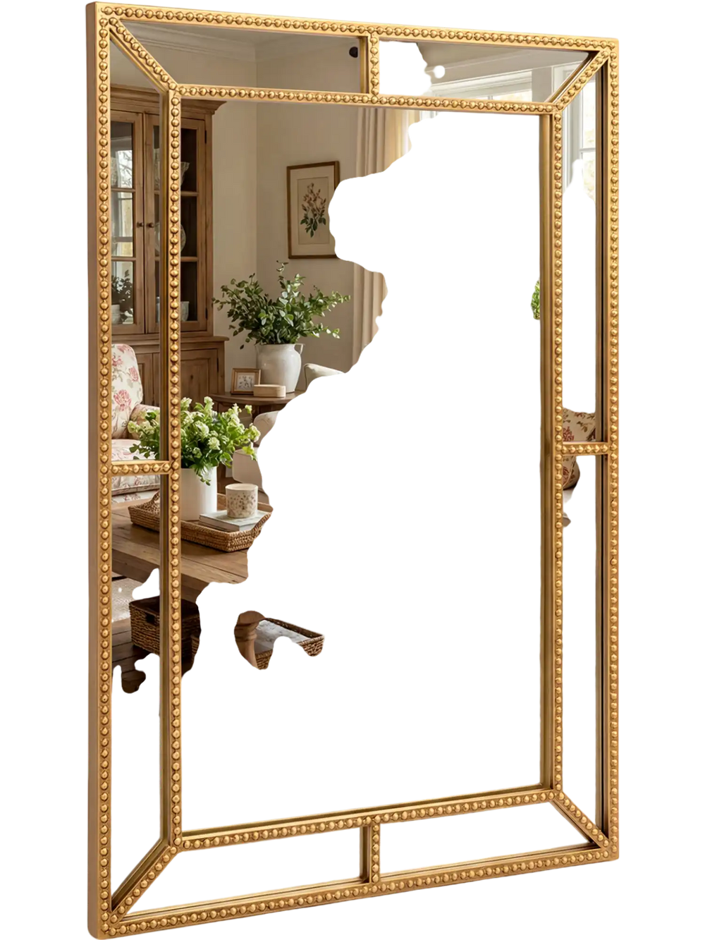 Gold wall mirror with a beaded frame, 36 x 24 inches, showcasing a high-definition reflection, ideal for various decor.