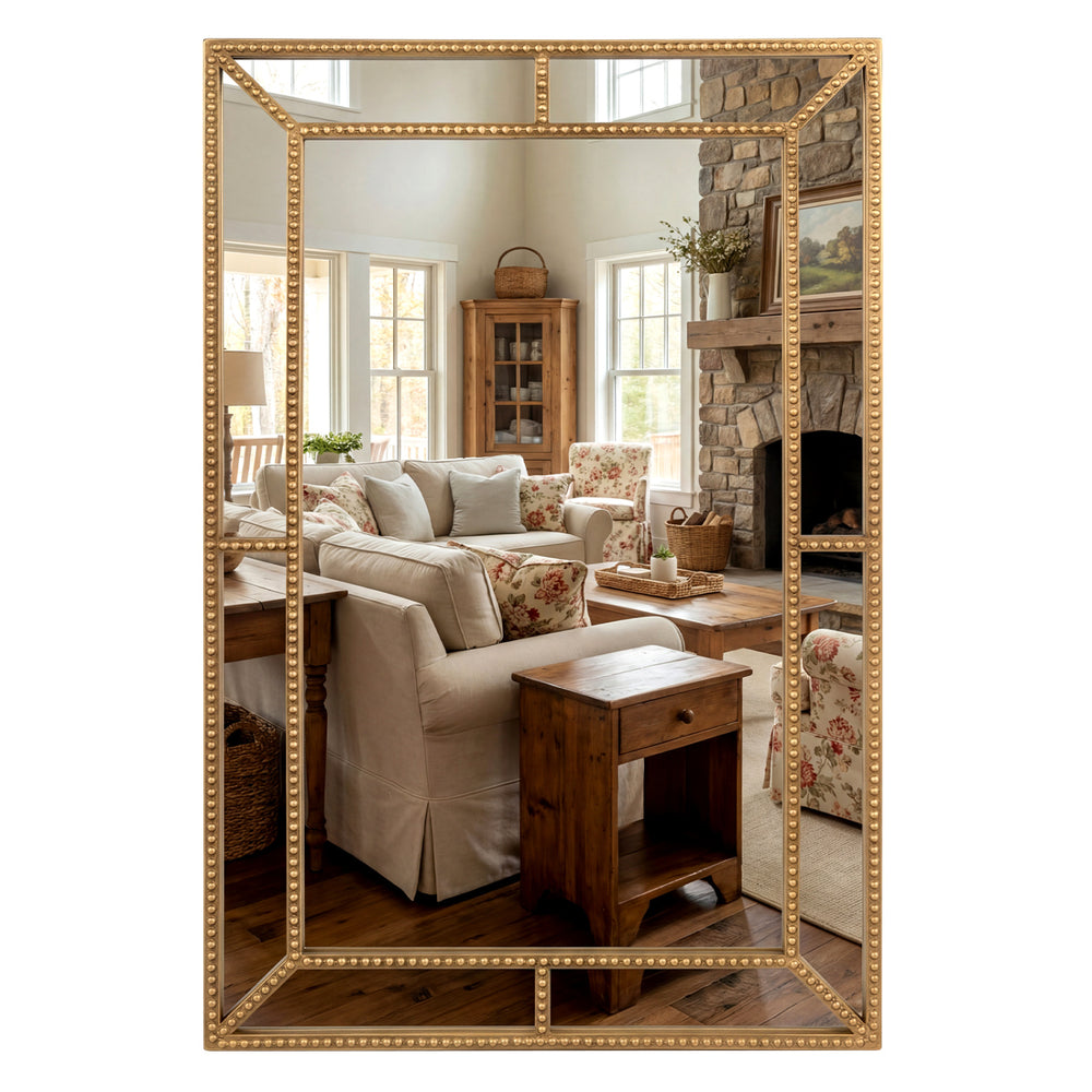 Gold wall mirror with beaded frame, 36 x 24 inches, designed for versatile hanging, perfect for enhancing any room's.