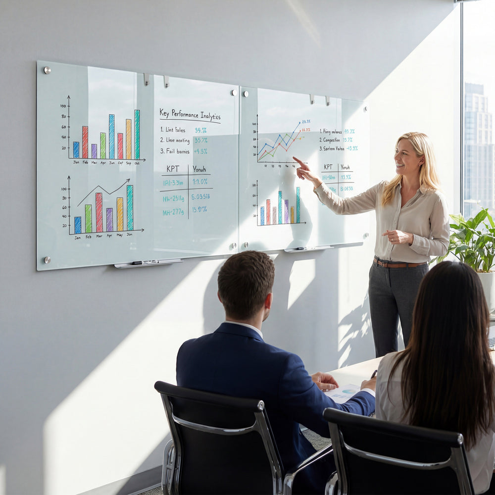 Glass whiteboard 36"x24" with charts, markers, and removable tray, ideal for office presentations and meetings.
