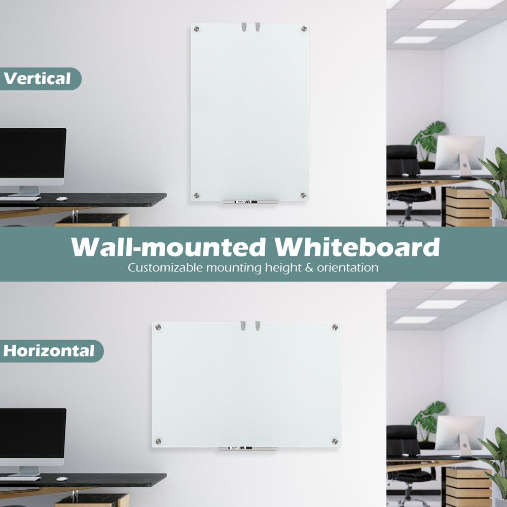 36 x 24 inches glass whiteboard shown in vertical and horizontal orientations, featuring a frameless design and.