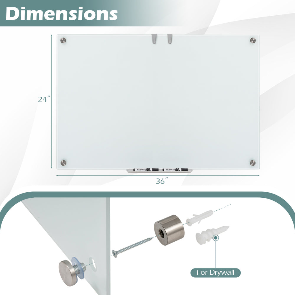 36 x 24 inches glass whiteboard dimensions with frameless design, magnetic tray, and installation kit for drywall.