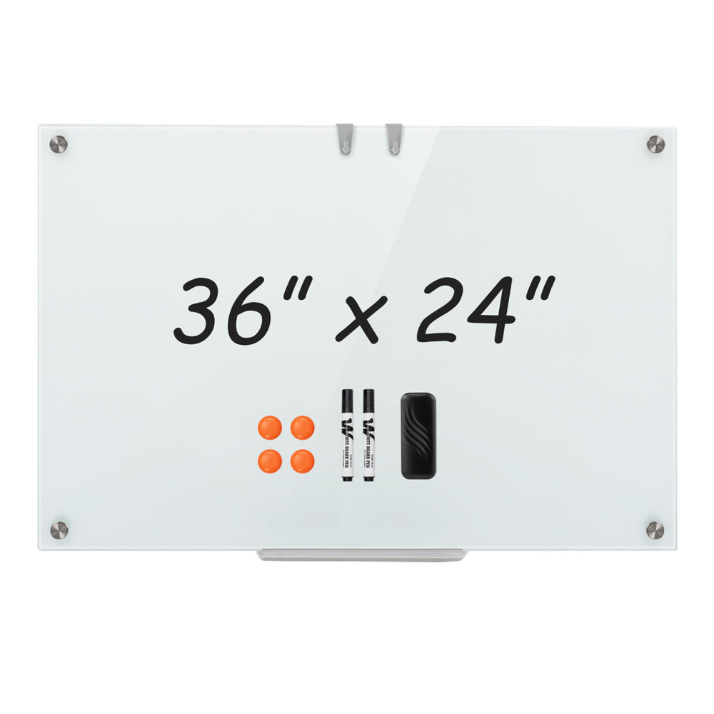 36 x 24 inches glass whiteboard with eraser, removable tray, and 4 strong magnets for versatile use and easy cleaning.