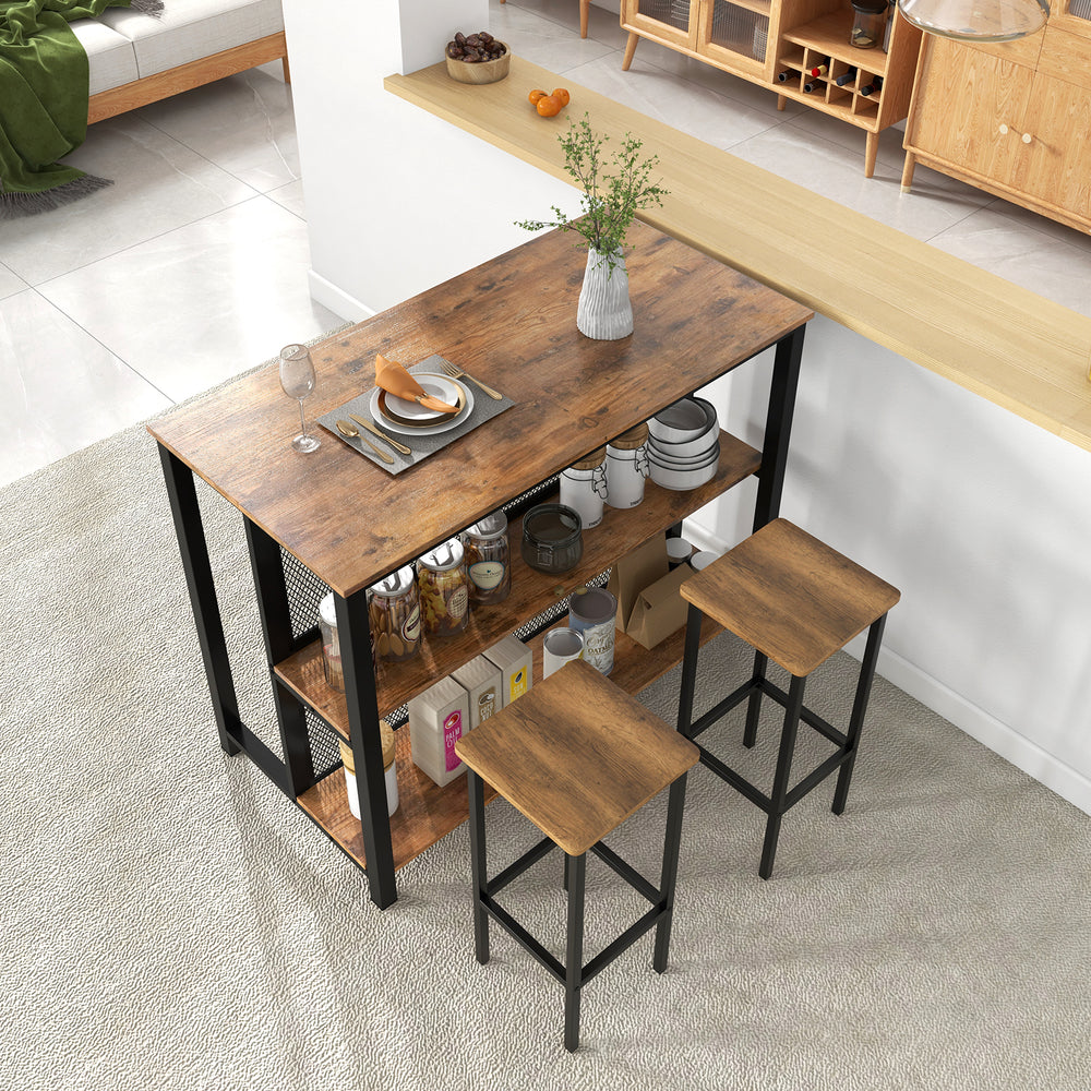 36 Inch 3-Tier Bar Table with Storage Metal Frame Adjustable Foot Pads for Dining Room-Rustic Brown - Gallery View 1 of 10