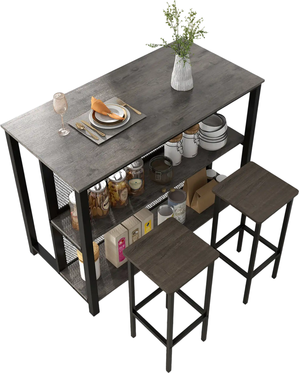 Gray 36-inch 3-tier bar table with metal frame and adjustable foot pads, ideal for dining room or kitchen use.