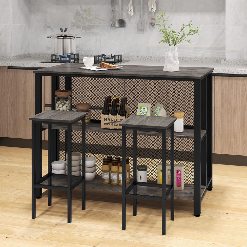 36-inch gray bar table with metal frame, 3-tier storage, and adjustable foot pads for versatile dining room use.