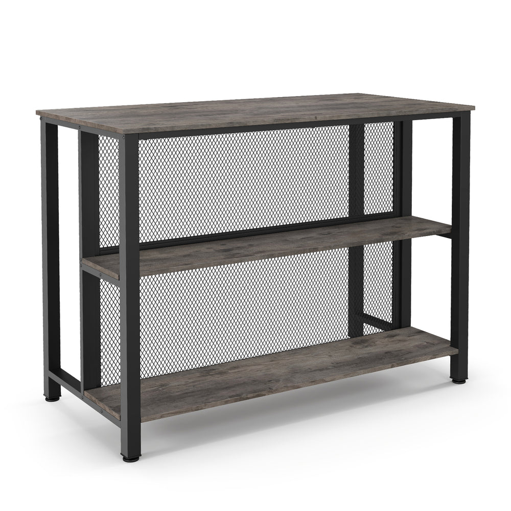 36-inch 3-tier bar table with a gray wood finish and metal frame, perfect for dining room or kitchen island use.