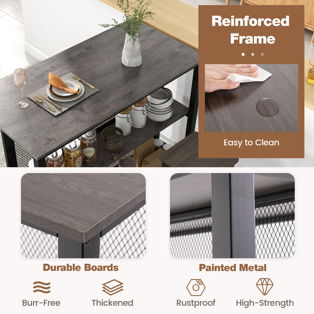 36-inch gray bar table with a metal frame, featuring 3-tier storage and adjustable foot pads for versatile use.