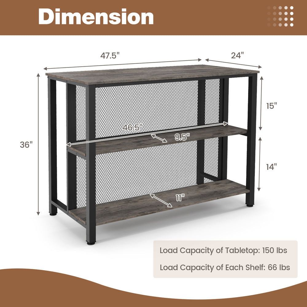 36-inch 3-tier bar table with gray wood shelves and metal frame, ideal for dining room or kitchen storage.