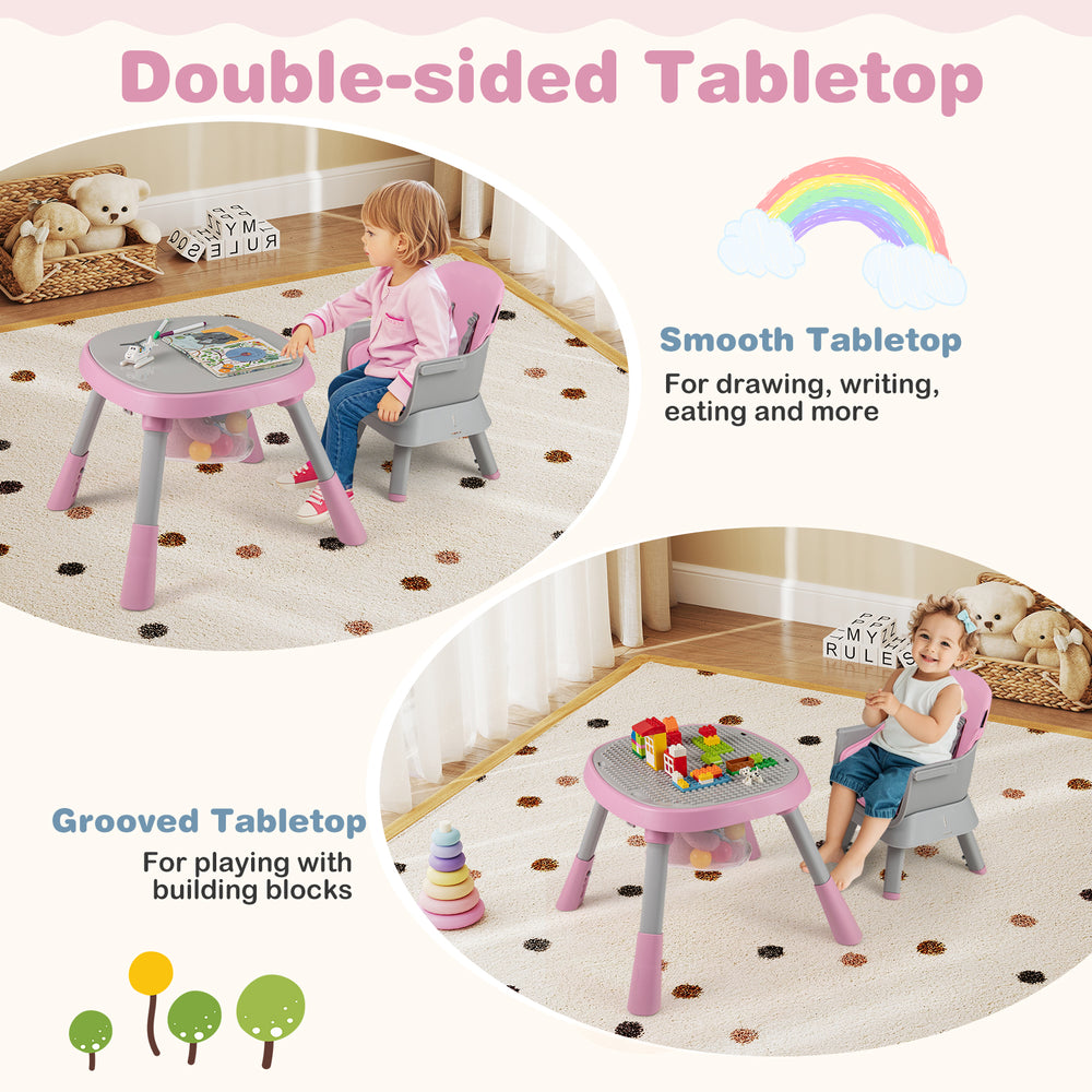 Double-sided tabletop of the pink 16-in-1 baby high chair, featuring smooth and grooved surfaces for various activities.
